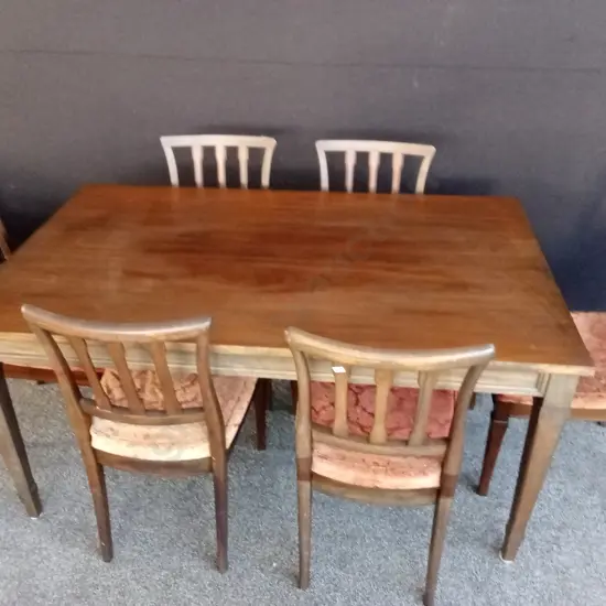 WOODEN DINING TABLE H74CM L1.52M D90.5CM WITH 6 DINING CHAIRS INCLUDING CREAM SEAT COVERS