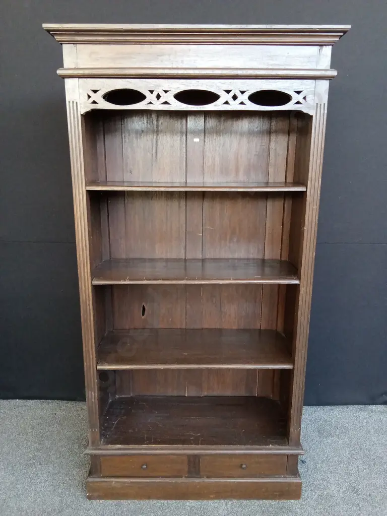 VINTAGE BOOKCASE WITH TWO SMALL DRAWERS IN BASE 198CM HIGH X 105CM WIDE X 5 CM DEEP Image 1++