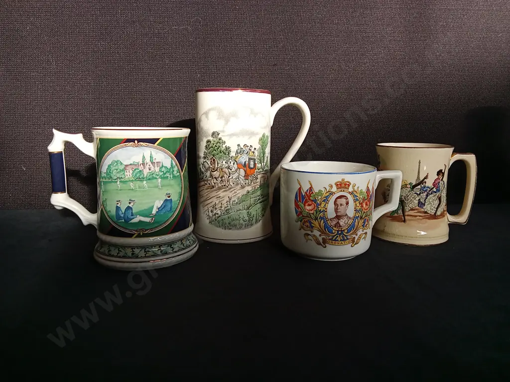 4 PIECES VINTAGE POTTERY TANKARD AND MUGS, SADLER, GRAY'S POTTERY, J & G MEAKIN, AND ROYAL WINTON , TALLEST H 17 CM Image 1++