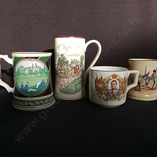 4 PIECES VINTAGE POTTERY TANKARD AND MUGS, SADLER, GRAY'S POTTERY, J & G MEAKIN, AND ROYAL WINTON , TALLEST H 17 CM