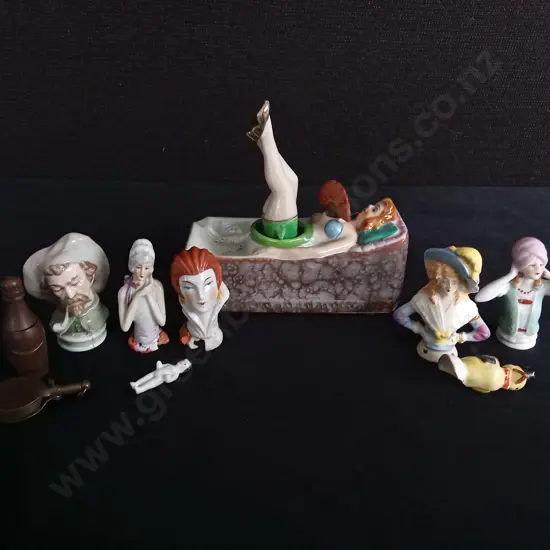 MIX OF VINTAGE COLLECTABLES, INCLUDING PORCELAIN NAUGHTY NODDER ASHTRAY, AND ANTIQUE PORCELAIN HALF DOLLS