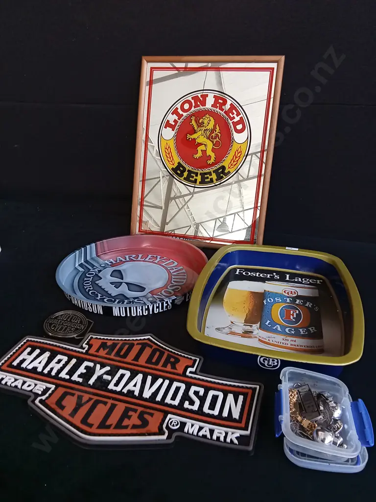 MIX OF BEER AND HARLEY DAVIDSON MEMORABILIA, INCLUDING MIX OF JEWELLERY, MIRROR H 43 CM Image 1++