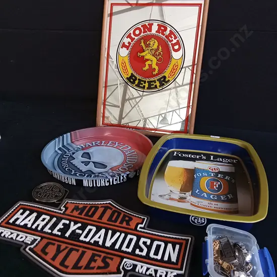 MIX OF BEER AND HARLEY DAVIDSON MEMORABILIA, INCLUDING MIX OF JEWELLERY, MIRROR H 43 CM