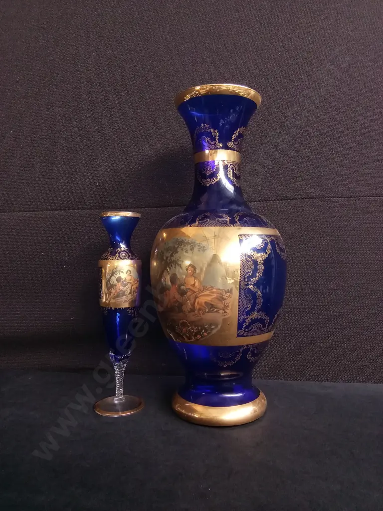 PAIR OF VINTAGE GLASS VASES WITH COURT SCENES, TALLEST H 43.5 CM Image 1++
