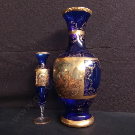 PAIR OF VINTAGE GLASS VASES WITH COURT SCENES, TALLEST H 43.5 CM