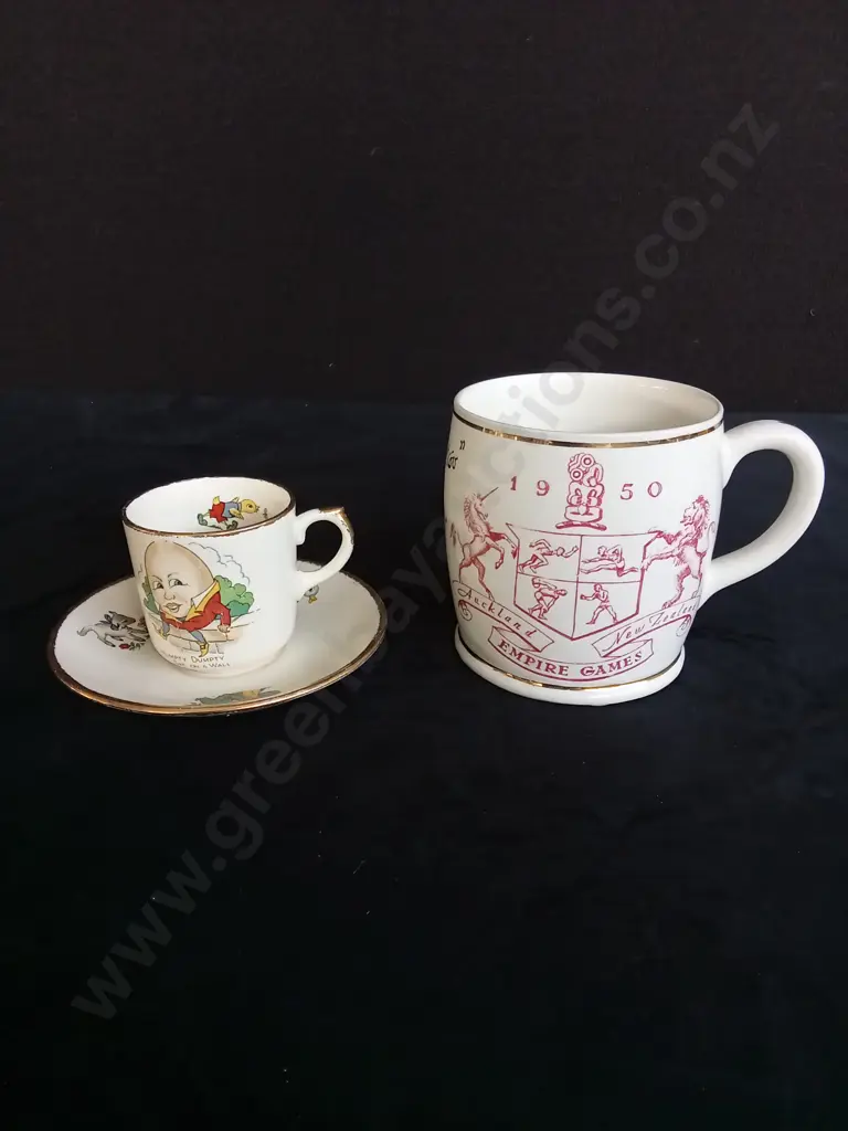 VINTAGE CROWN LYNN HUMPTY DUMPTY TEACUP AND SAUCER AND EMPIRE GAMES MUG Image 1++