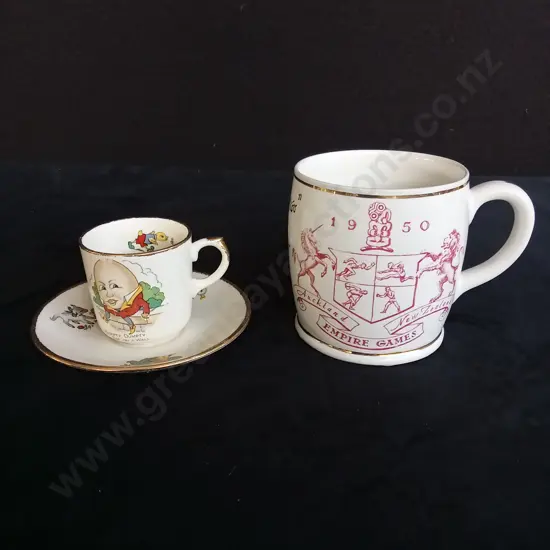 VINTAGE CROWN LYNN HUMPTY DUMPTY TEACUP AND SAUCER AND EMPIRE GAMES MUG