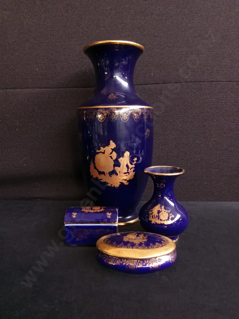 VINTAGE LIMOGES FRANCE COURTING COUPLE VANITY SET, 4 PIECES, VASES AND TRINKET BOXES, TALLEST H 37 CM Image 1++