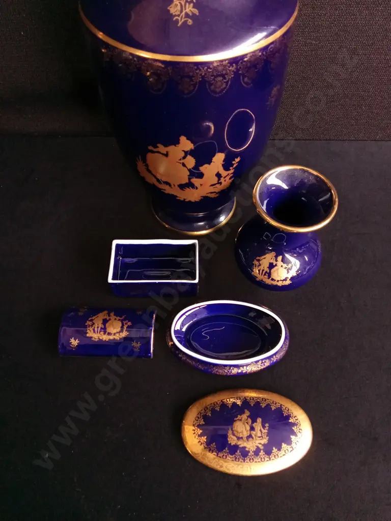 VINTAGE LIMOGES FRANCE COURTING COUPLE VANITY SET, 4 PIECES, VASES AND TRINKET BOXES, TALLEST H 37 CM Image 1++