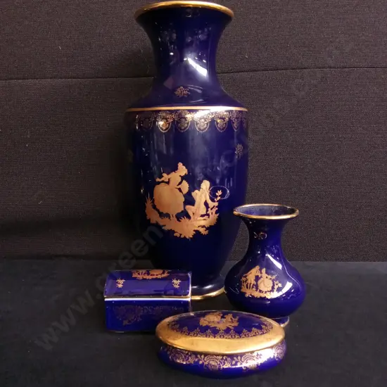 VINTAGE LIMOGES FRANCE COURTING COUPLE VANITY SET, 4 PIECES, VASES AND TRINKET BOXES, TALLEST H 37 CM