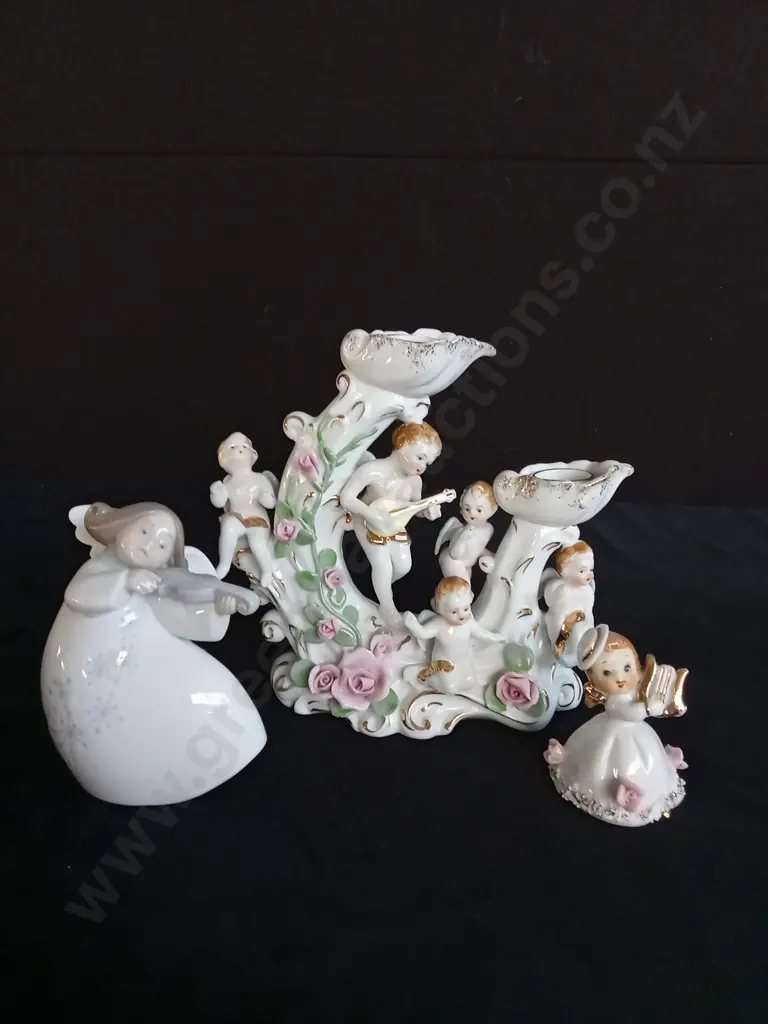 3 CERAMIC ANGEL FIGURINES TALLEST H18CM INCLUDING A LLARDO 1997 VIOLIN CELESTIAL LITTLE ANGEL H10CM AND A CERAMIC GIRL Image 1++