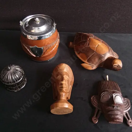 5X VINTAGE WOODEN CARVED ITEMS INCLUDING ENGLISH OAK BARREL