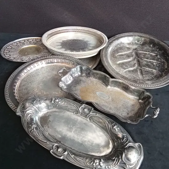 7 SILVER PLATED DISHES LARGEST APPROX L45CM