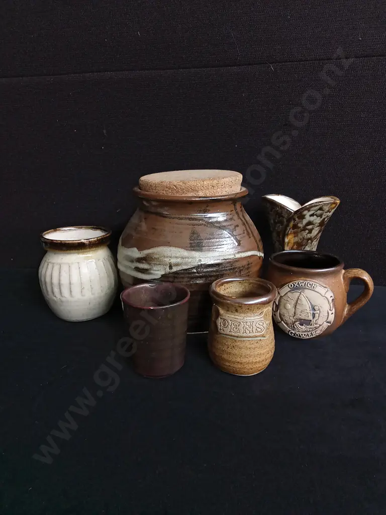 MIX OF VINTAGE STUDIO POTTERY ITEMS, TALLEST H 17.5, 6 PIECES TOTAL Image 1++