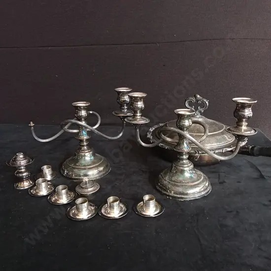 2 SILVER PLATED CANDLESTICK HOLDERS AND 1 POT