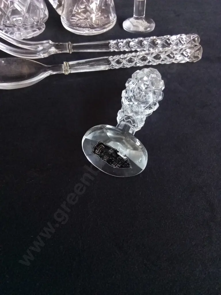 6 PIECES VINTAGE CUT GLASS SERVING ITEMS, INCLUDING WESTMORE HAND CUT CRYSTAL SALT/ PEPPER SHAKERS, TALLEST H 14 CM Image 1++