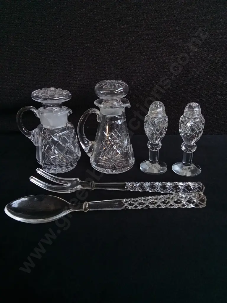 6 PIECES VINTAGE CUT GLASS SERVING ITEMS, INCLUDING WESTMORE HAND CUT CRYSTAL SALT/ PEPPER SHAKERS, TALLEST H 14 CM Image 1++