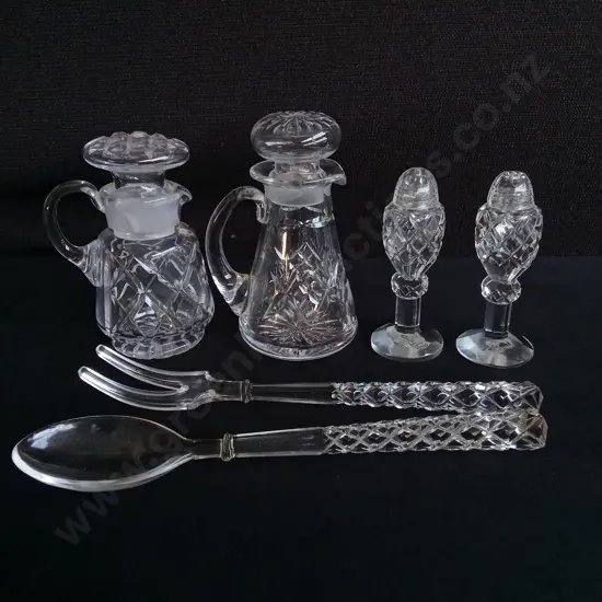 6 PIECES VINTAGE CUT GLASS SERVING ITEMS, INCLUDING WESTMORE HAND CUT CRYSTAL SALT/ PEPPER SHAKERS, TALLEST H 14 CM