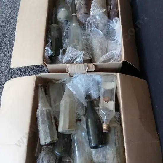 2 LARGE BOXES OF VARIOUS OLD GLASS BOTTLES APPROX 40
