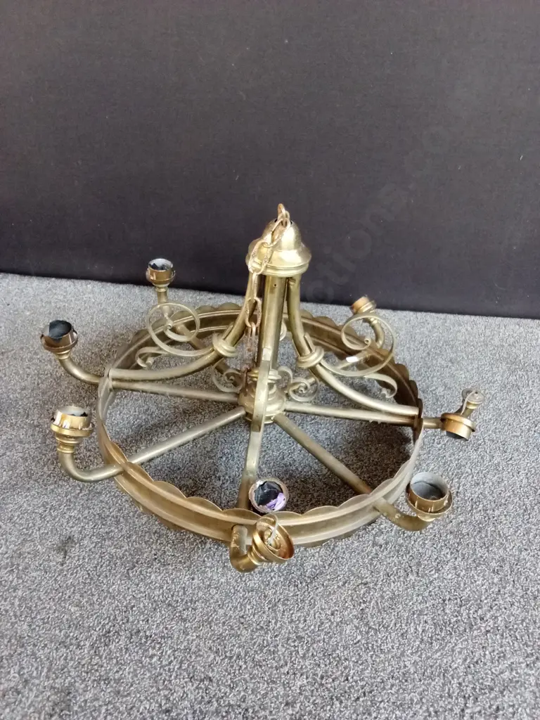 BRASS 8 LAMP WHEEL CHANDELIER Image 1++