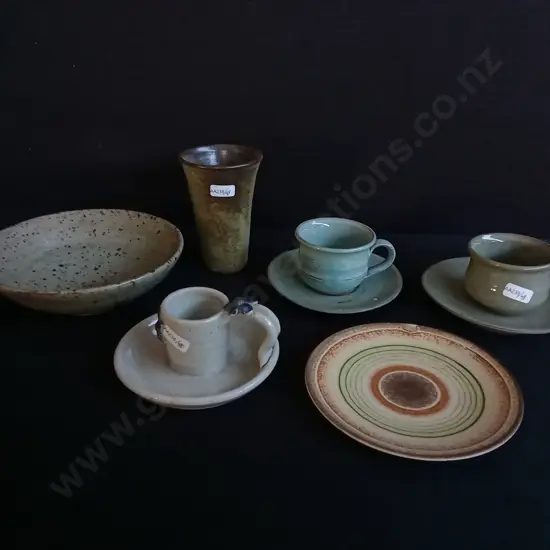 8 PIECES POTTERY, PAIR OF CUPS WITH SAUCERS, TUMBLER, TEACUP, BOWL,MAND PLATE