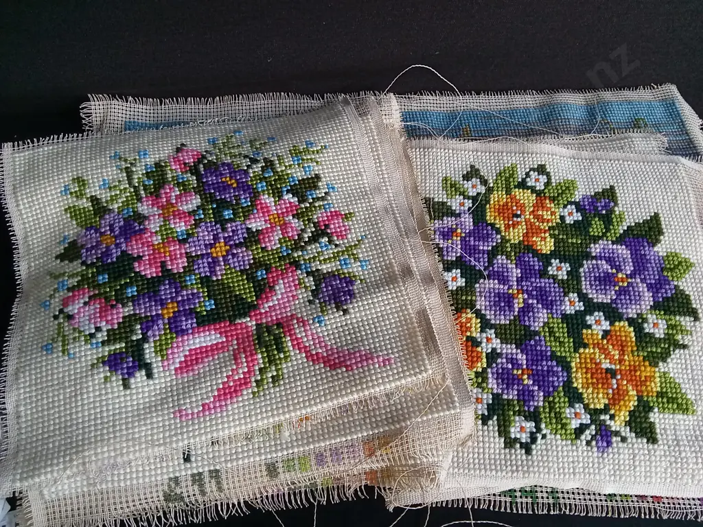 COLLECTION OF CROSS-STITCHED CANVASES, LARGEST W 86 CM Image 1++