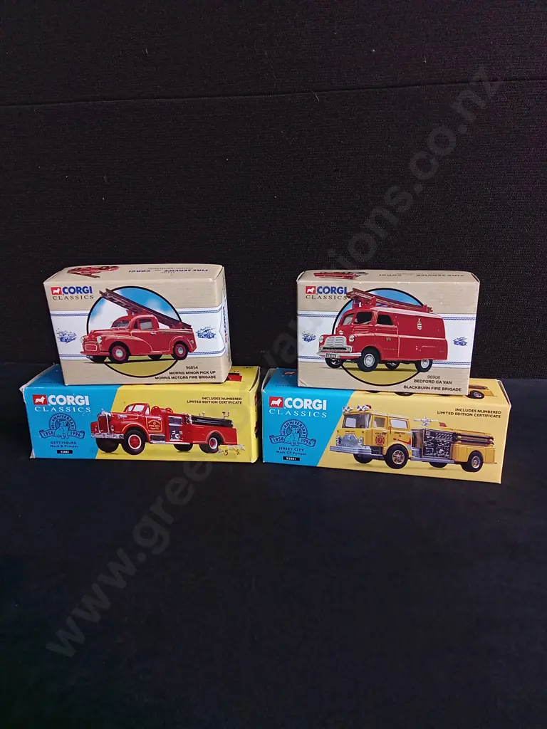 SET OF 4 CORGI CLASSICS DIECAST FIRE VEHICLES, MORRIS MINOR PICK UP, BEDFORD CA VAN, MACK B PUMPER, MACK CF, BOXED Image 1++