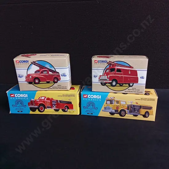 SET OF 4 CORGI CLASSICS DIECAST FIRE VEHICLES, MORRIS MINOR PICK UP, BEDFORD CA VAN, MACK B PUMPER, MACK CF, BOXED