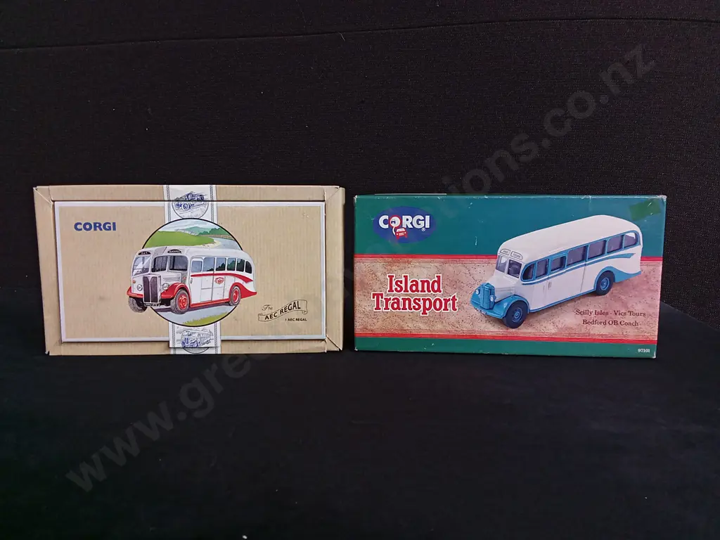 CORGI CLASSICS DIECAST BUSES, BEDFRORD OB COACH, AND AEC REGAL, BOXED Image 1++