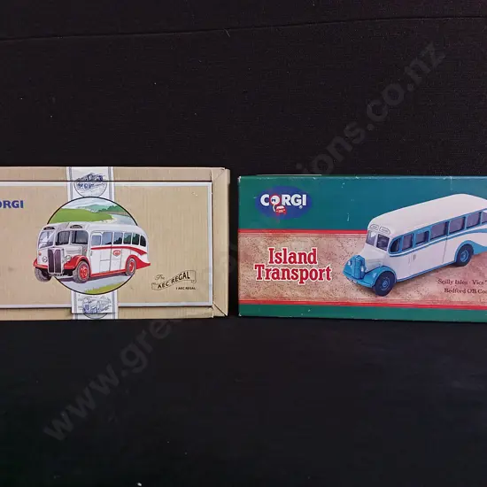 CORGI CLASSICS DIECAST BUSES, BEDFRORD OB COACH, AND AEC REGAL, BOXED
