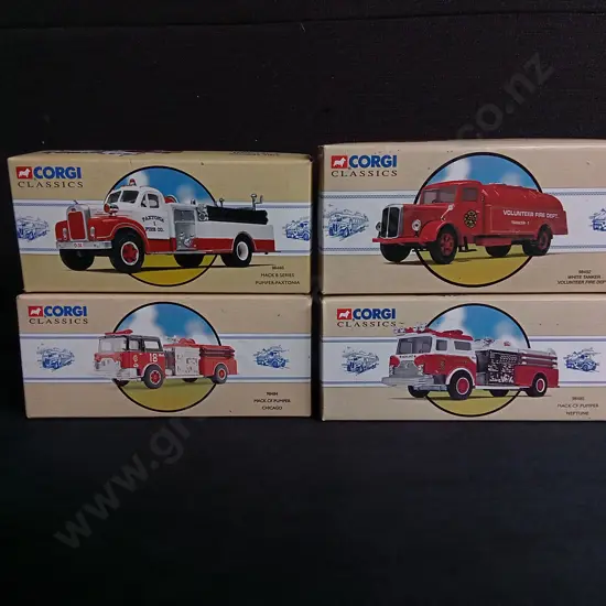 SET OF FOUR CORGI CLASSICS DIE CAST FIRE ENGINES 1/50 SCALE, MACK AND WHITE MODELS, BOXED
