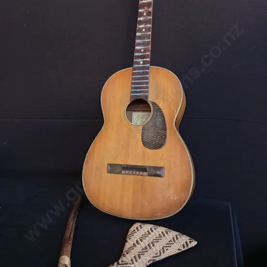 ACOUSTIC GUITAR NO STRINGS AND PAPUA NEW GUINEA MOUNT HAGEN CEREMONIAL AXE
