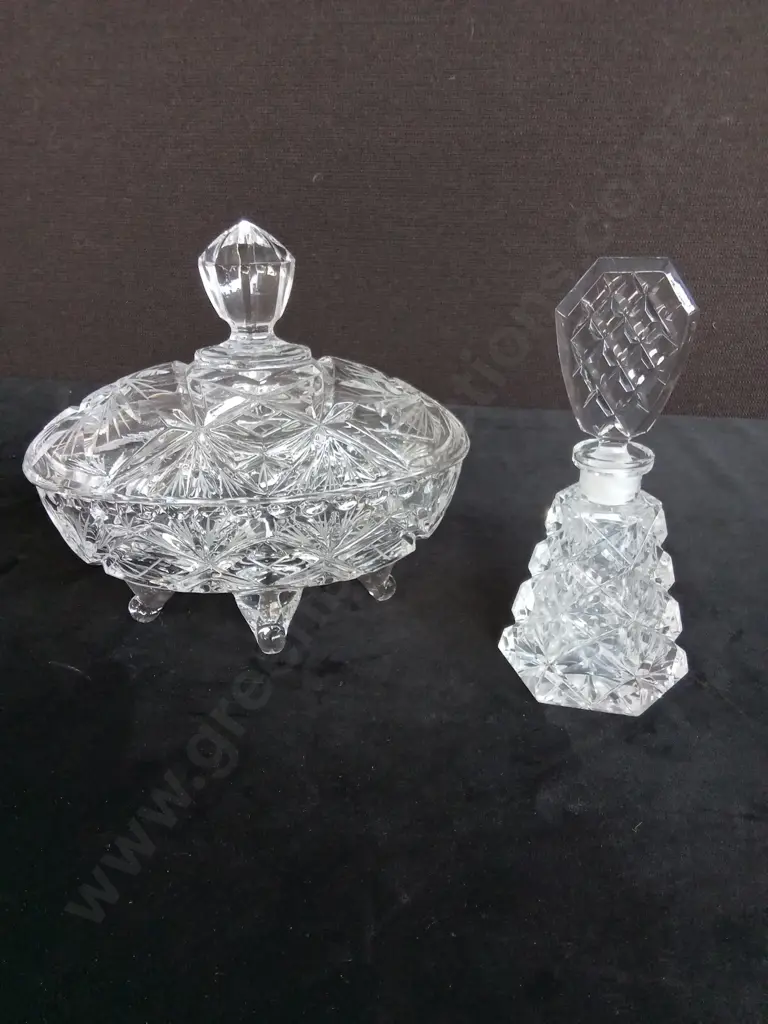 CRYSTAL GLASS CANDY DISH L18CM AND A VINTAGE CRYSTAL PERFUME BOTTLE H17CM Image 1++