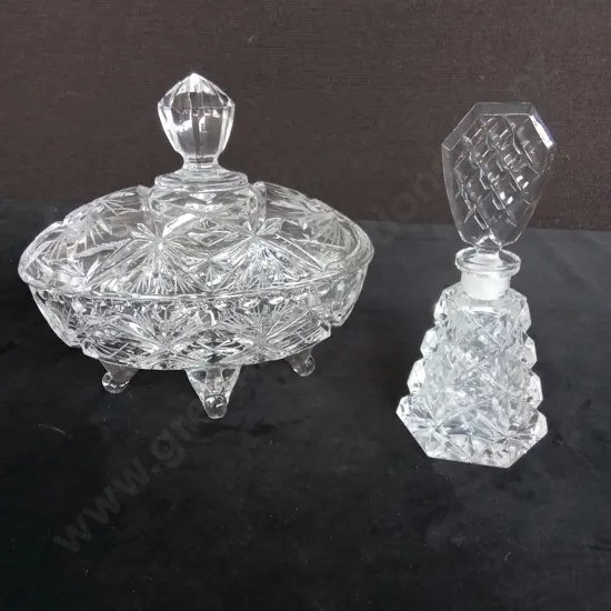 CRYSTAL GLASS CANDY DISH L18CM AND A VINTAGE CRYSTAL PERFUME BOTTLE H17CM