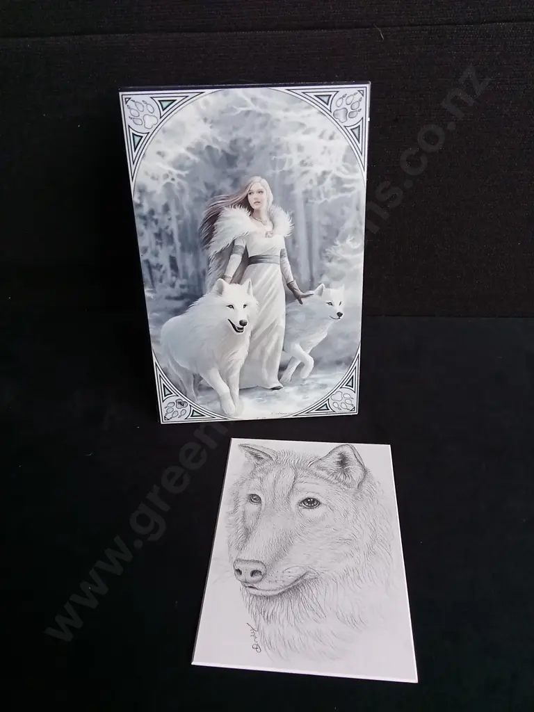 2 PIECES WOLF PRINT AND ORIGINAL DRAWING Image 1++
