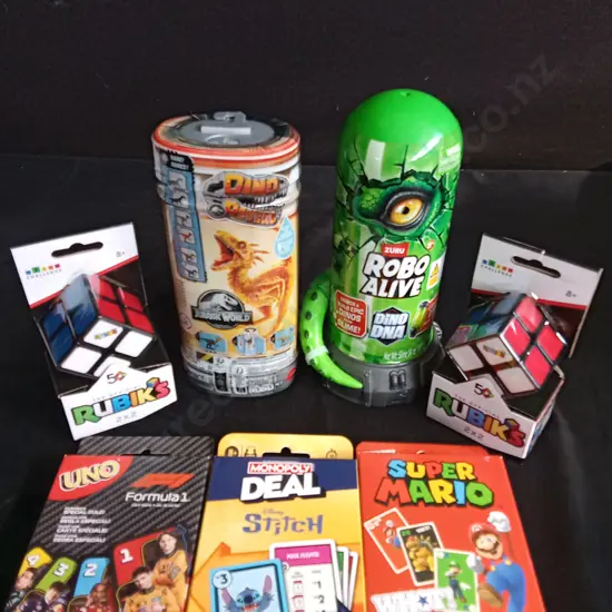 BOX OF 2 RUBIKS PUZZLES, 3 X CARD GAMES AND TOYS