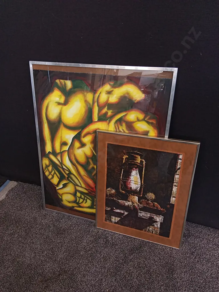 2 METALLIC FRAMED ARTWORKS, TALLEST H 77 CM X W 61.5 CM Image 1++