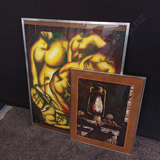 2 METALLIC FRAMED ARTWORKS, TALLEST H 77 CM X W 61.5 CM