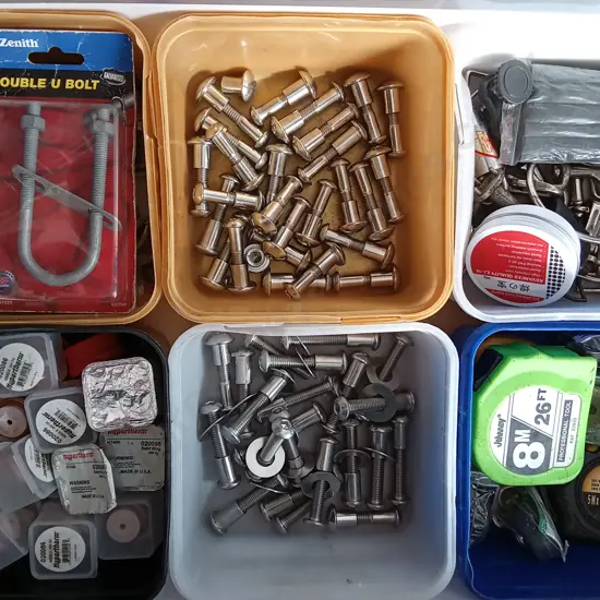 BOX OF PLASMA CUTTER TIPS, STAINLESS STEEL FITTINGS AND MORE
