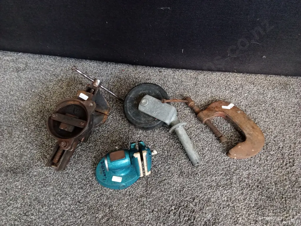 VINTAGE BENCH VICES, C CLAMP, AND METAL WHEEL Image 1++