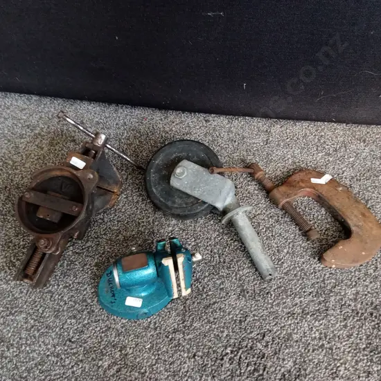 VINTAGE BENCH VICES, C CLAMP, AND METAL WHEEL