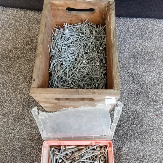 BOX OF GALVANISED NAILS AND JOINERS
