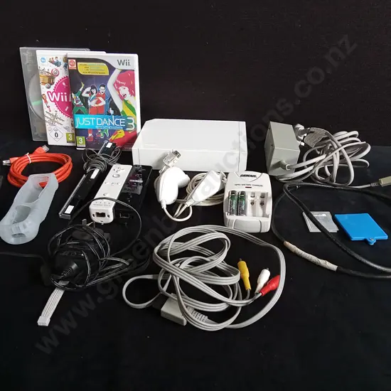 WII CONSOLE WITH GAMES, CONTROLLERS, SENSOR, AND CABLES