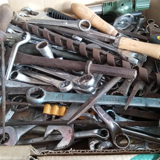 BOX OF SPANNERS AND OTHER TOOLS