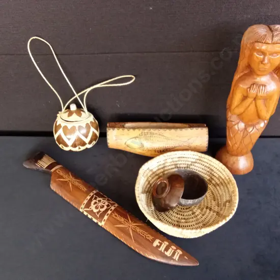 COLLECTION OF TONGAN CARVED WOOD AND COCONUT PIECES INCLUDING ONE FIJIAN PIECE