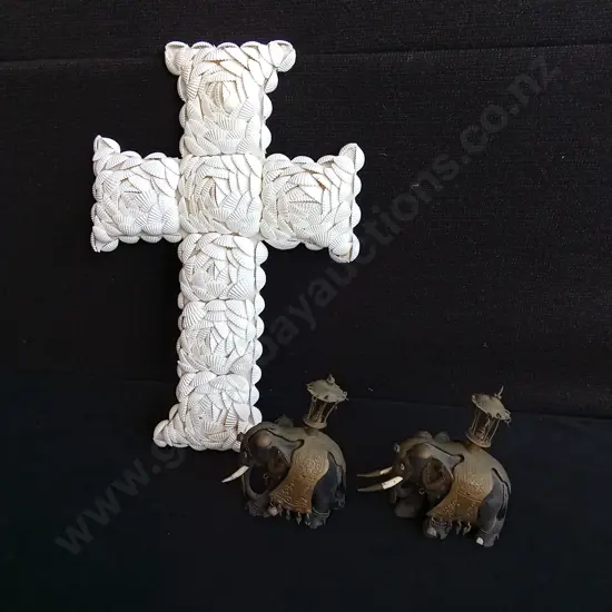 3 PIECES DECOR, HANDCRAFTED SHELL CROSS, AND PAIR OF VINTAGE ELEPHANT FIGURINES, TALLEST H 33 CM