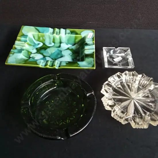 4 VINTAGE GLASS ASHTRAYS, LARGEST W 23 CM
