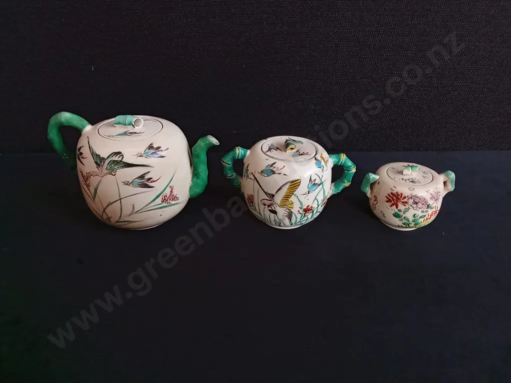 ANTIQUE JAPANESE KINKOZAN AWATA SATSUMA TEA SET, 3 PIECES, TALLEST H 11 CM Image 1++