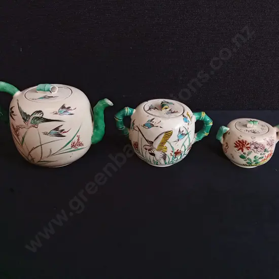 ANTIQUE JAPANESE KINKOZAN AWATA SATSUMA TEA SET, 3 PIECES, TALLEST H 11 CM