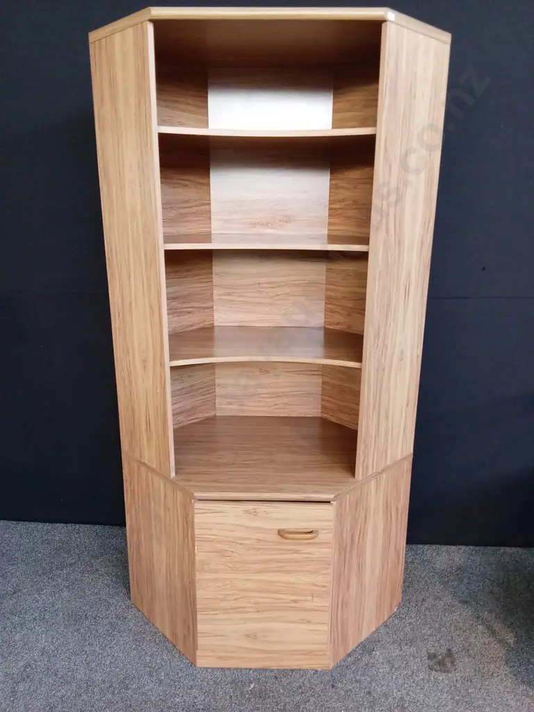 TALL NATURAL WOOD CORNER SHELF FEATURING A LOWER CABINET, H 184CM X W 100CM X D 60CM Image 1++